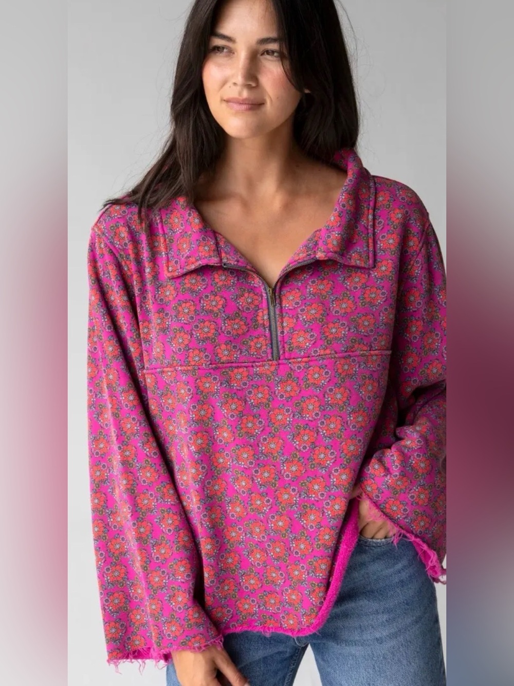 NATURAL LIFE Pink Floral Half-Zip Pullover